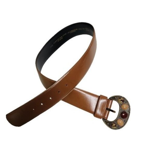Liz Claiborne Vintage 1989 Brown Leather Cabachon Stone Buckle Belt Size L - Picture 1 of 7
